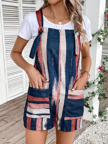 Brush Print Dual Pocket Overall Romper Without Tee