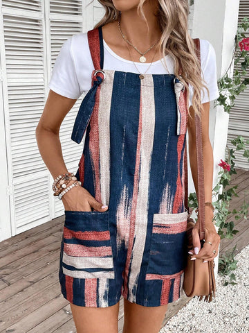 Brush Print Dual Pocket Overall Romper Without Tee