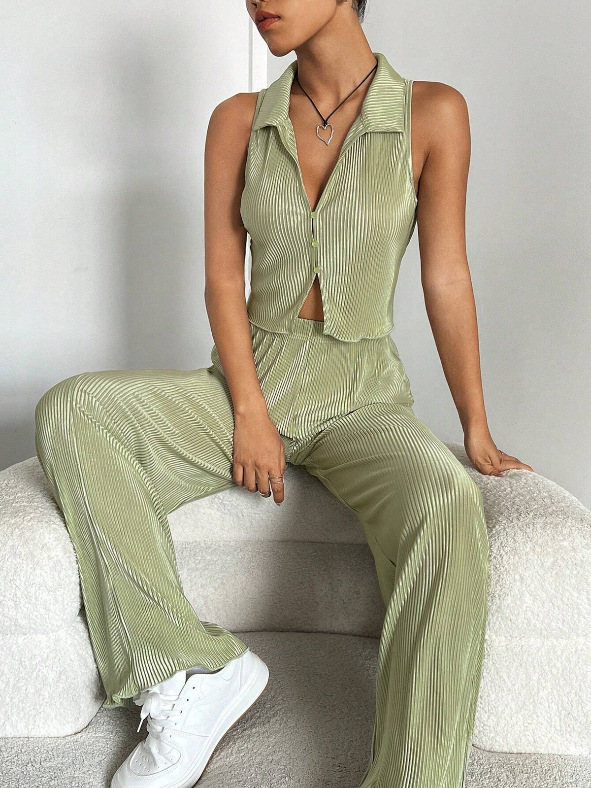 Solid Button Front Tank Top & Wide Leg Pants