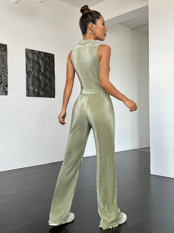 Solid Button Front Tank Top & Wide Leg Pants