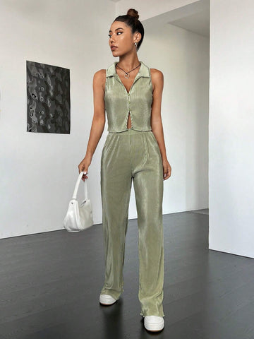 Solid Button Front Tank Top & Wide Leg Pants