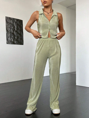 Solid Button Front Tank Top & Wide Leg Pants