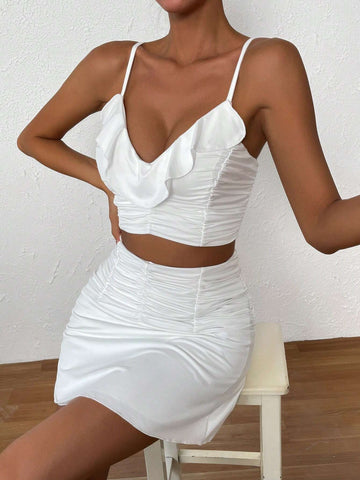 Ruffle Trim Ruched Cami Top & Ruched Skirt