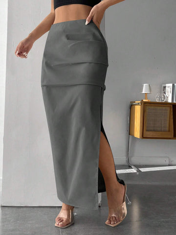 PETITE Solid Split Thigh Skirt