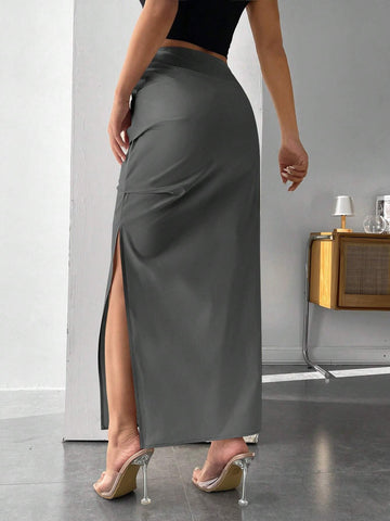 PETITE Solid Split Thigh Skirt