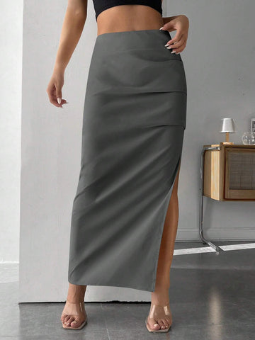 PETITE Solid Split Thigh Skirt