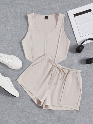 Solid Crop Tank Top & Drawstring Waist Shorts