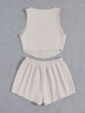 Solid Crop Tank Top & Drawstring Waist Shorts