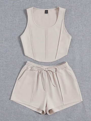Solid Crop Tank Top & Drawstring Waist Shorts