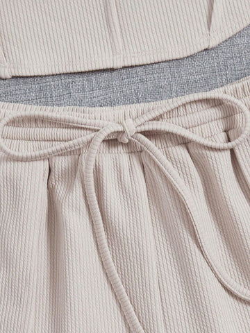 Solid Crop Tank Top & Drawstring Waist Shorts