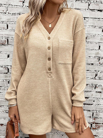 Half Button Drop Shoulder Pocket Patched Romper