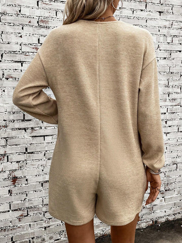 Half Button Drop Shoulder Pocket Patched Romper