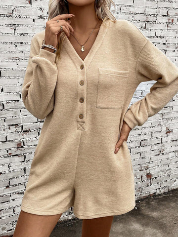 Half Button Drop Shoulder Pocket Patched Romper