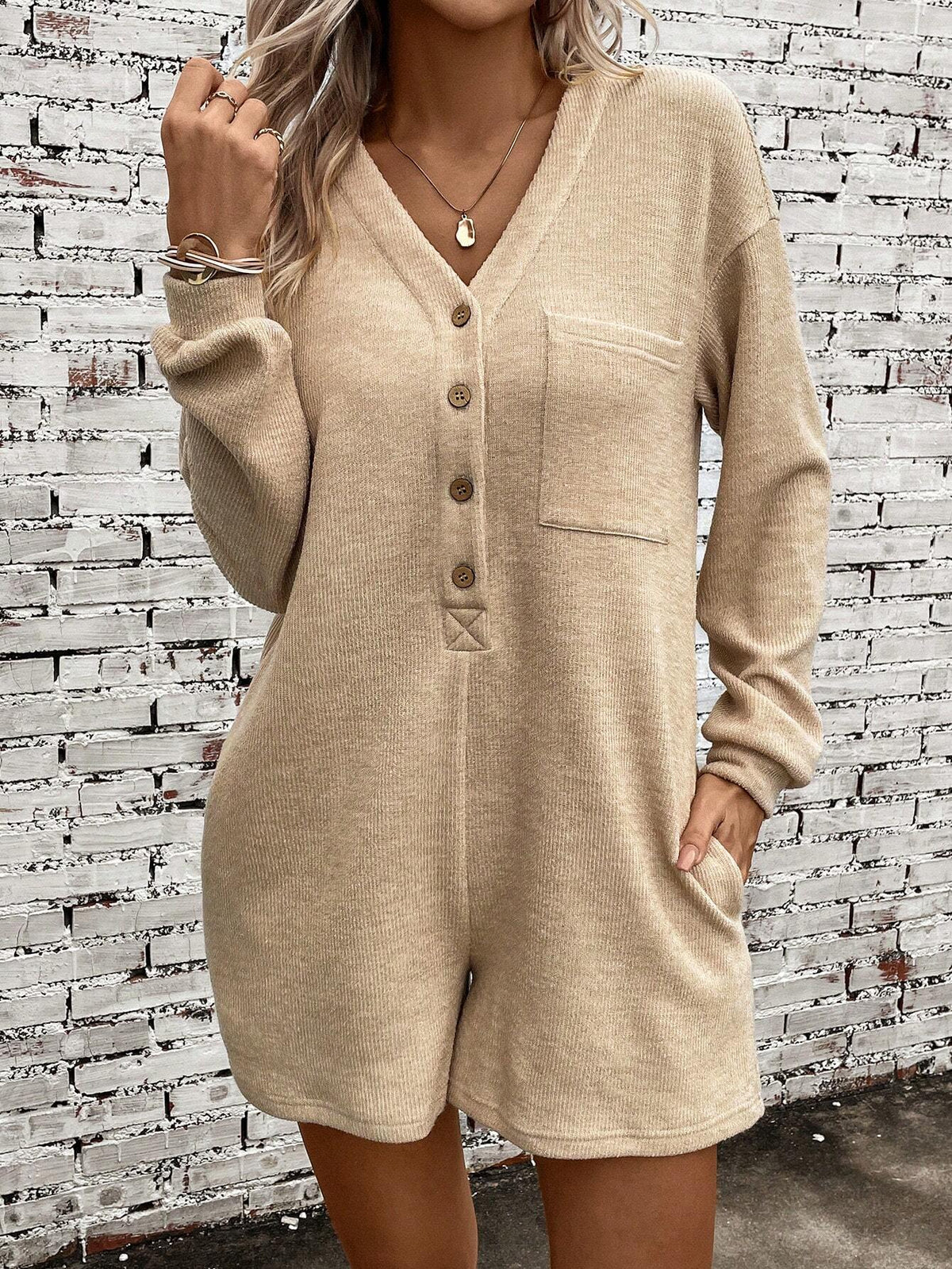 Half Button Drop Shoulder Pocket Patched Romper