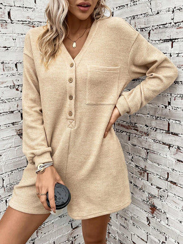 Half Button Drop Shoulder Pocket Patched Romper