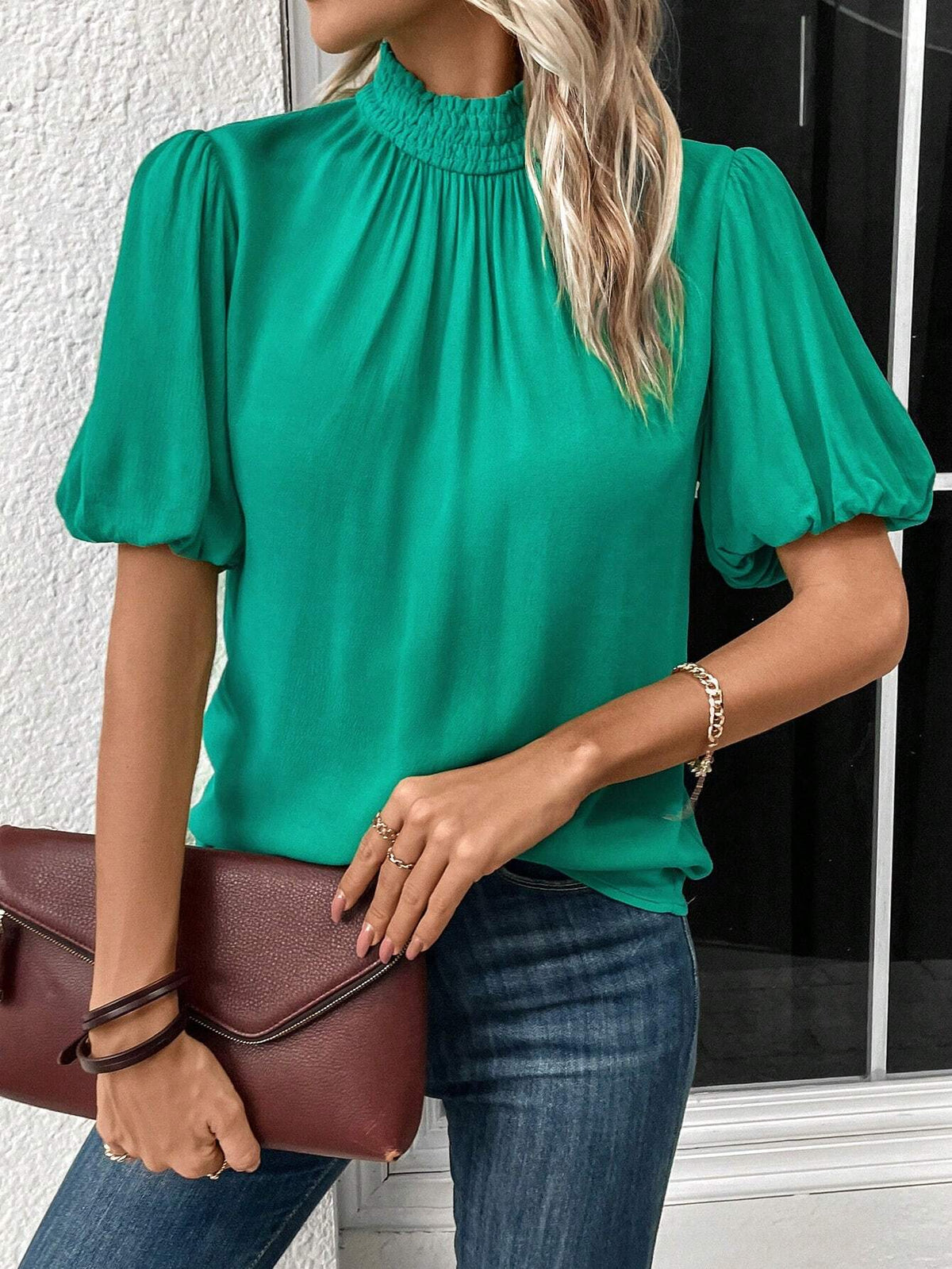Mock Neck Puff Sleeve Blouse