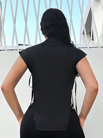 Lace Up Side Asymmetrical Hem Batwing Sleeve Shirt