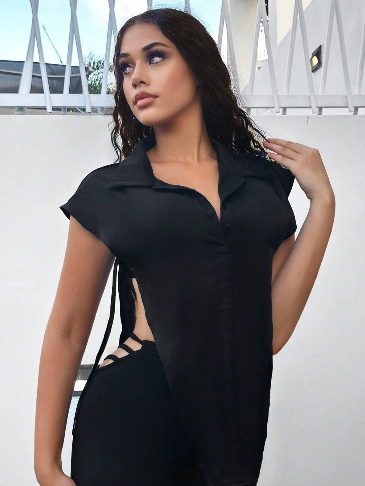 Lace Up Side Asymmetrical Hem Batwing Sleeve Shirt