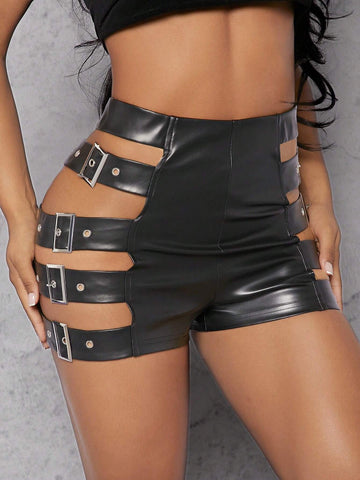 Buckle Detail Cut Out PU Leather Shorts