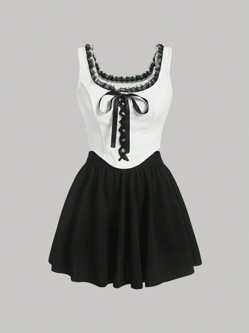 Contrast Lace Tank Top & Skirt
