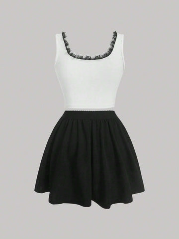 Contrast Lace Tank Top & Skirt