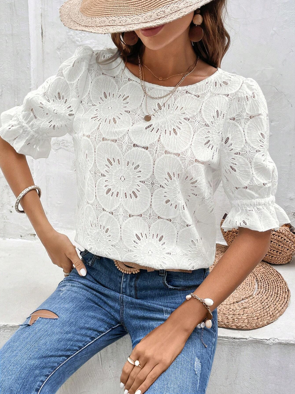 Eyelet Embroidery Puff Sleeve Blouse