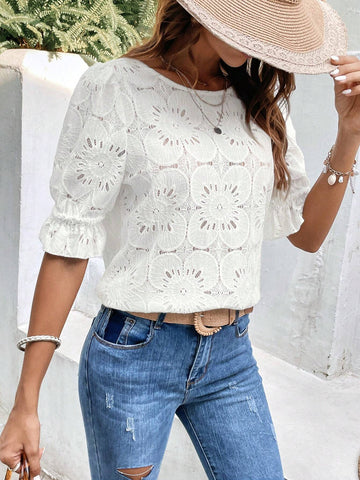 Eyelet Embroidery Puff Sleeve Blouse