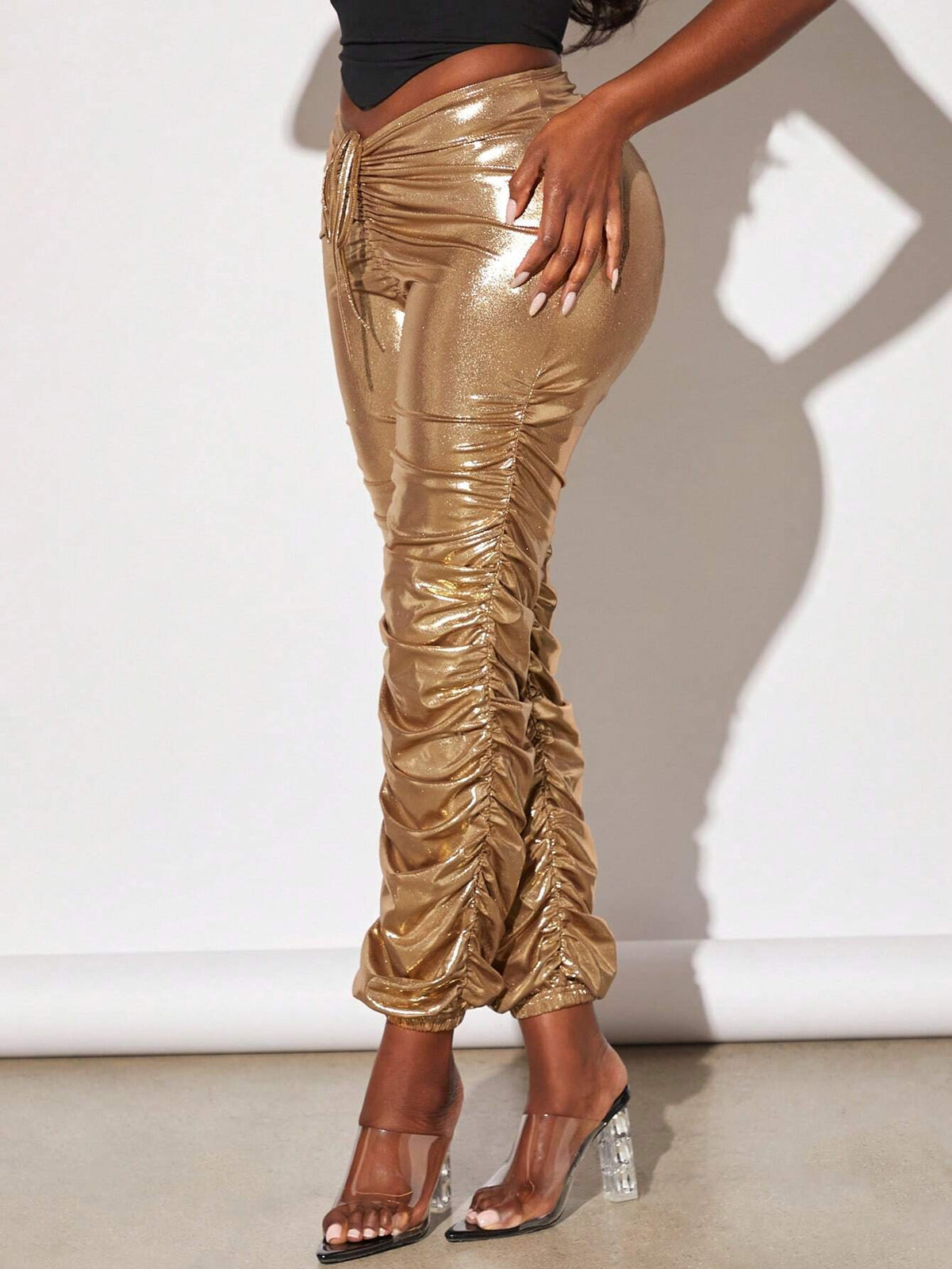 Drawstring Waist Ruched PU Leather Stacked Pants