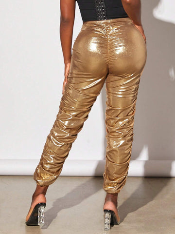 Drawstring Waist Ruched PU Leather Stacked Pants