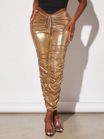 Drawstring Waist Ruched PU Leather Stacked Pants