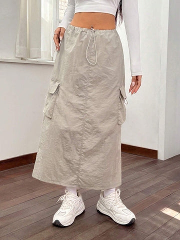 Flap Pocket Drawstring Waist Cargo Skirt