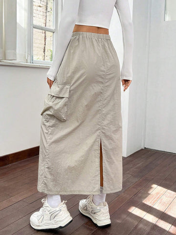 Flap Pocket Drawstring Waist Cargo Skirt