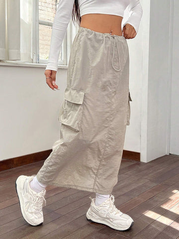 Flap Pocket Drawstring Waist Cargo Skirt