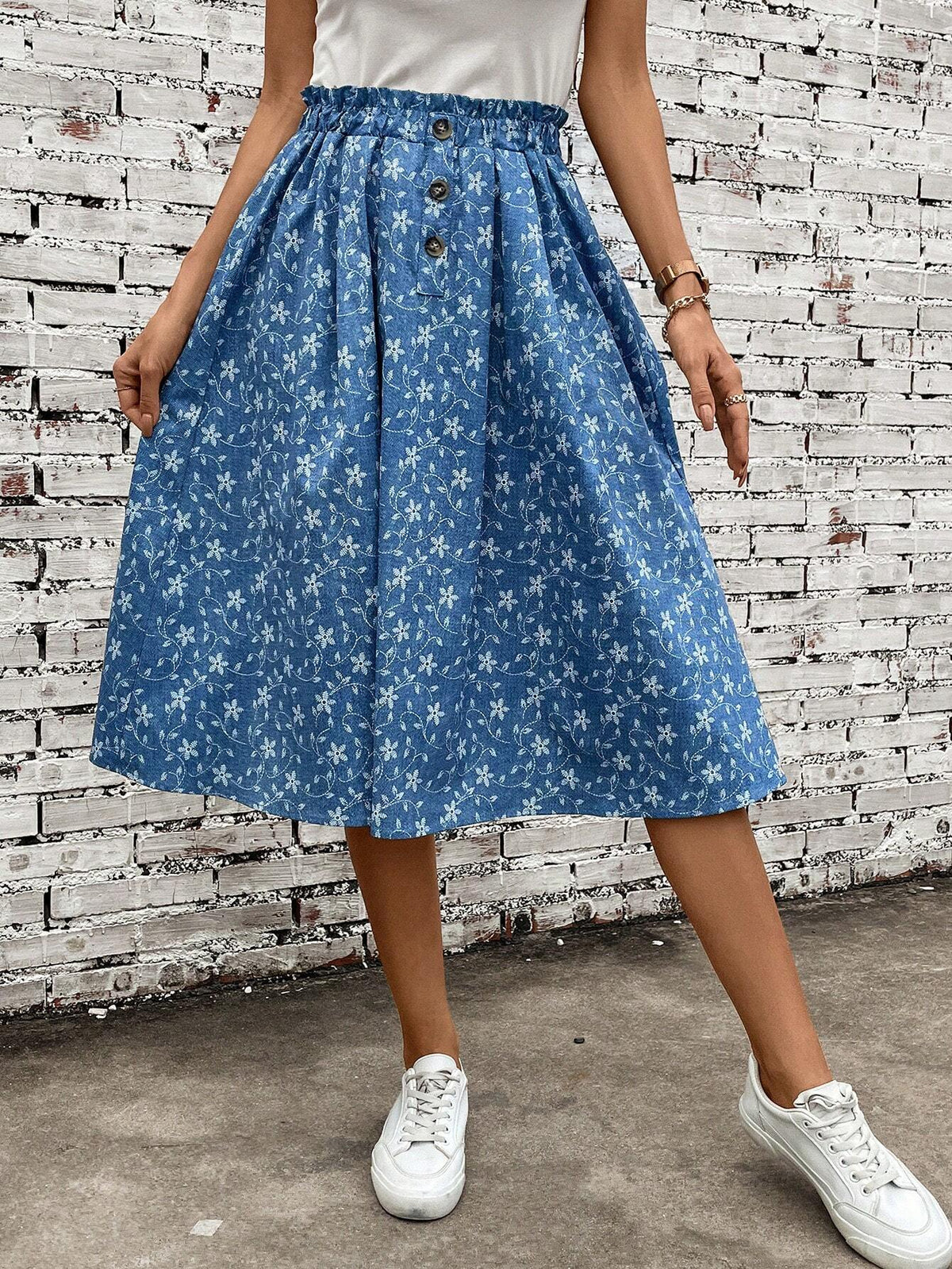 Ditsy Floral Print Paperbag Waist Button Detail Skirt