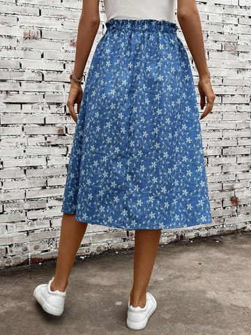 Ditsy Floral Print Paperbag Waist Button Detail Skirt