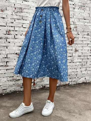 Ditsy Floral Print Paperbag Waist Button Detail Skirt