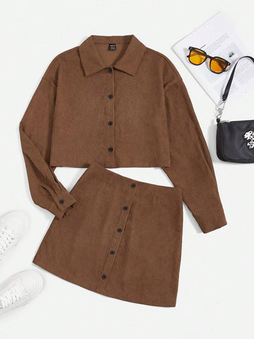 Drop Shoulder Corduroy Jacket & Skirt