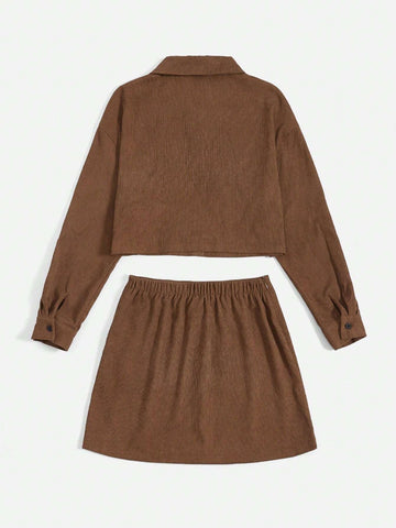 Drop Shoulder Corduroy Jacket & Skirt
