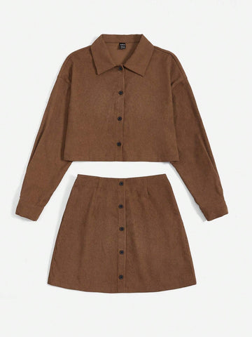 Drop Shoulder Corduroy Jacket & Skirt