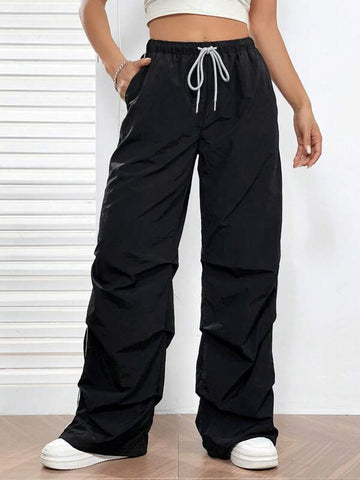 EZwear Drawstring Waist Slant Pocket Parachute Pants