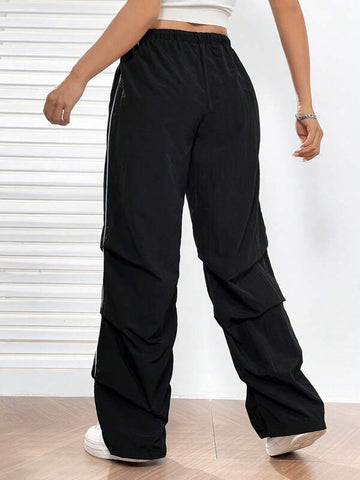 EZwear Drawstring Waist Slant Pocket Parachute Pants