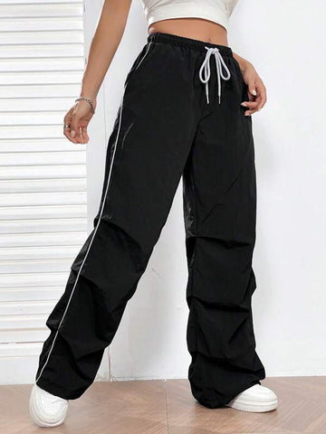 EZwear Drawstring Waist Slant Pocket Parachute Pants