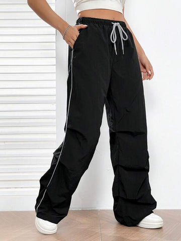 EZwear Drawstring Waist Slant Pocket Parachute Pants