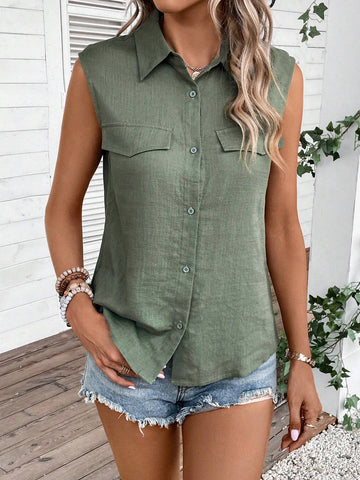 Flap Detail Sleeveless Shirt