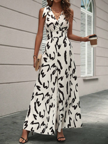 Allover Print Tie Shoulder Wide Leg Jumpsuit