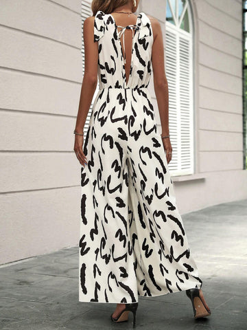 Allover Print Tie Shoulder Wide Leg Jumpsuit
