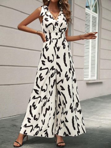 Allover Print Tie Shoulder Wide Leg Jumpsuit