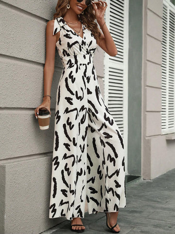 Allover Print Tie Shoulder Wide Leg Jumpsuit