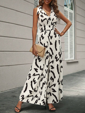 Allover Print Tie Shoulder Wide Leg Jumpsuit