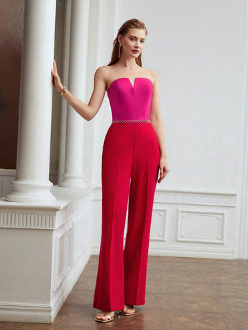 MOTF PREMIUM TWO TONE NOTCHED JUMPSUIT WITHOUT CHAIN